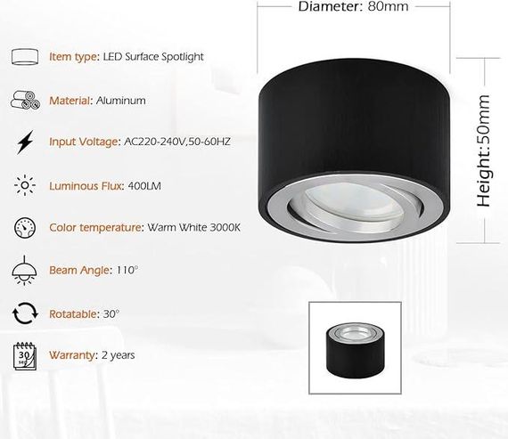 Накладний стельовий світильник Теплий білий 3000K 400LM Стельовий світильник Прожектори для вітальні, передпокою | Зображення 4