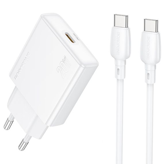 МЗП Borofone BN23 Wish PD20W (1USB-C) + кабель Type-C to Type-C White