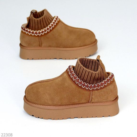 Низкие угги с текстильным манжетом натуральная замша цвет Карамель | Зображення 5