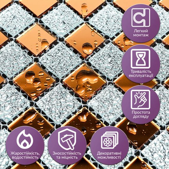 Мозаїка з декоративного скла 298х298х4,5мм Сірий+оранж SW-00002361 | Зображення 3