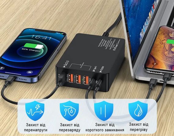 Зарядное устройство WLX-518 1xUSB QC3.0 / 3xUSB / 1xType-C /1xPD Type-C / 65W (Max) | Зображення 1