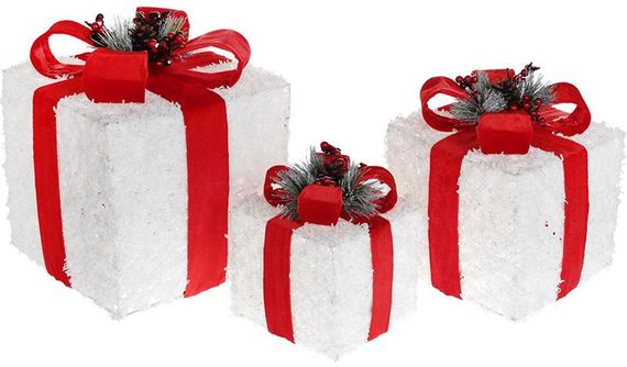 Набір декоративних подарунків - 3 коробки 15см, 20см, 25см з LED-підсвіткою, білий з червоним бантом КОПІЯ