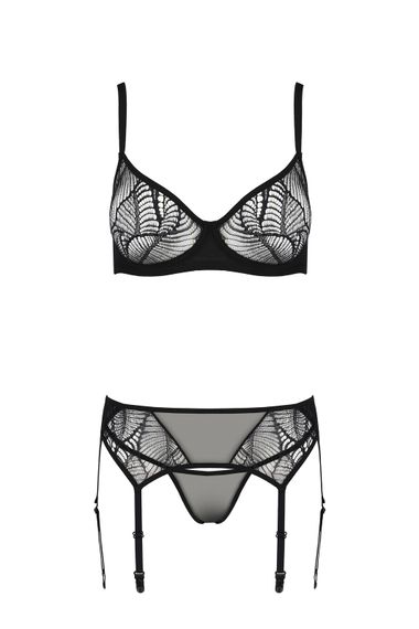 Комплект Passion LEAFA SET black, L/XL, мереживо+сітка, бюстгальтер на кісточках, стрінги, пояс для панчіх | Зображення 2