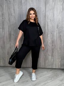 Женский летний костюм футболка и укороченные штаны большие размеры и батал KF090 цвет черный, размер 56/60