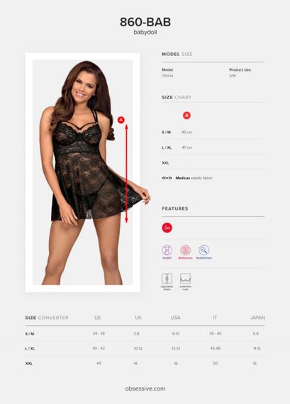 Комплект мереживний Obsessive 860-BAB-1 пеньюар та трусики стрінги, чорний, S/M sexstyle | Зображення 6