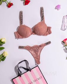 Кружевной комплект Victoria`s Secret стразы со стрингами  Кружева - 80B(36B) - Телесно-кофейный