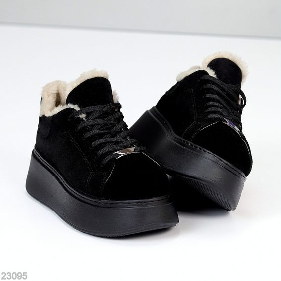 Чорні зимові прошиті кросівки натуральна замша на платформі спорт-шик | Зображення 2