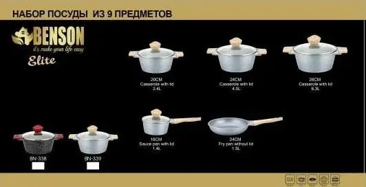 Набор кастрюль BN-339, 9 предметов, ковшик 1,4 л; 2,4л; 4л; 6,3л; сковорода 24см | Зображення 2