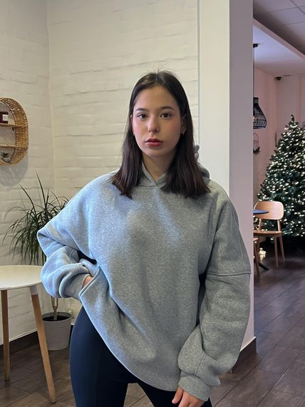 Жіноче тепле худи супер оверсайз подовжений на флісі колір сірий розмір S/L AtD0034