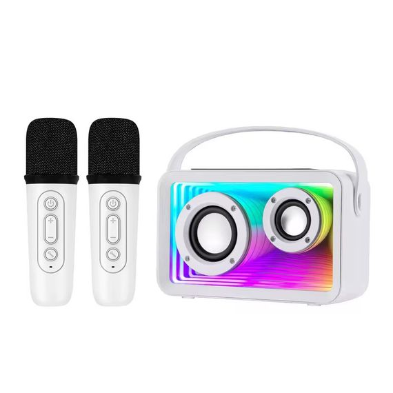 Портативна Міні Караоке Система на Два Мікрофони + Bluetooth Колонка з LED Підсвічуванням і Функцією Зміни Голосу Y15 Біла