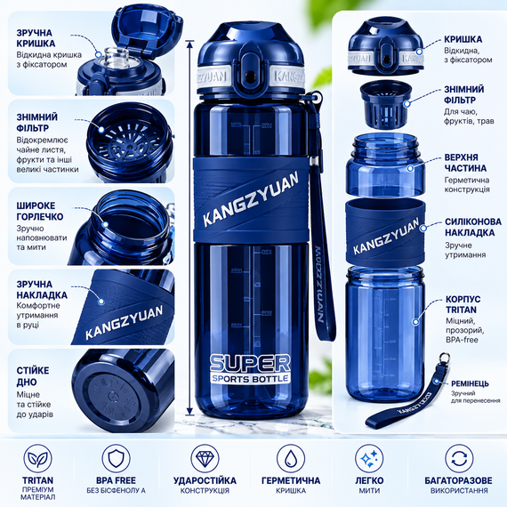 Спортивная бутылка KANGZYUAN 700 мл синяя — Tritan BPA-free, ударопрочная бутылка для воды с фильтром и ремешком. | Зображення 4