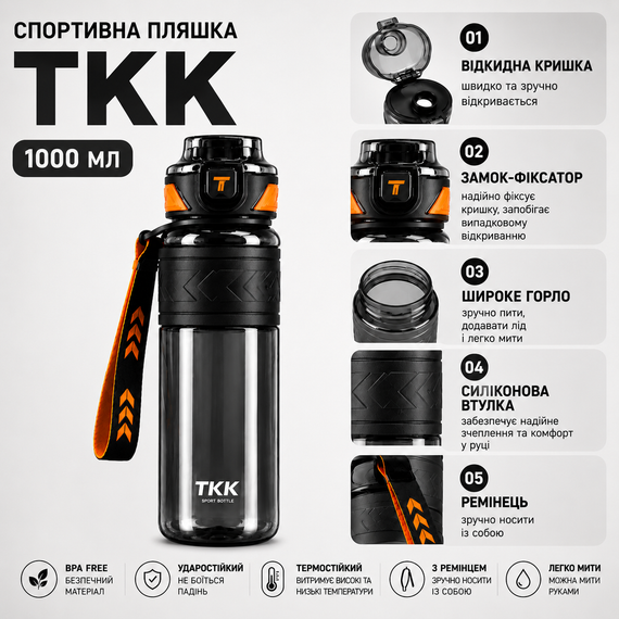 Бутылка спортивная из безопасного тритана 1000 мл черная | Зображення 2