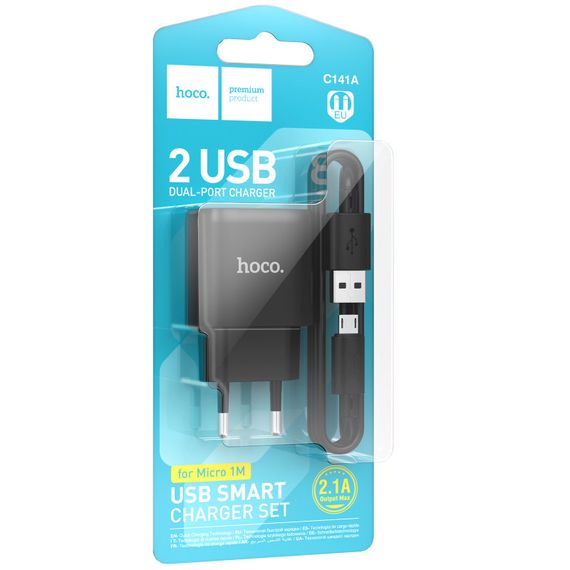 МЗП Hoco C141A Smart 2.1A (2USB-A) + кабель USB to MicroUSB Black | Зображення 1
