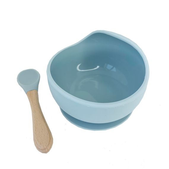 Силиконовая тарелка на присоске с деревянной ложкой MGZ-0103(Grey) 300 мл