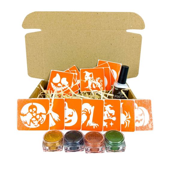 Набір для біо-тату "Хелловін - гліттер" set-halloween-glitter 18 трафаретів