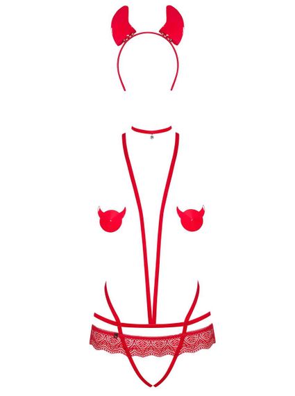 (SALE) Еротичний костюм чортика зі стреп Obsessive Evilia teddy red L/XL, боді, чокер, накладки на соски, о Sex Aura | Зображення 2