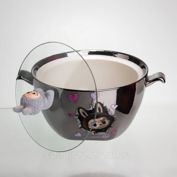 Бульйонниця порцелянова Labubu з кришкою та ручками 800 (мл) Ø15 (см) дитяча тарілка для супу та локшини Сріблястий з сірим FM-34A | Зображення 2