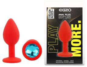Анальная пробка EGZO Silicone Red Round Plug S, силиконовая, с голубым кристаллом Sex Aura
