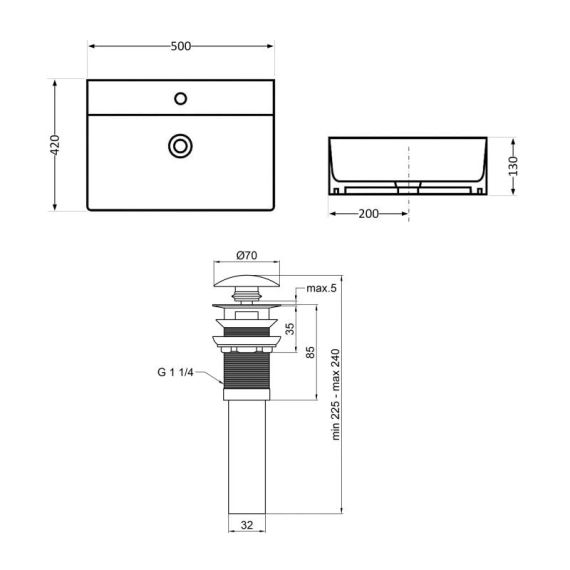 Комплект Qtap Nando LT: Раковина підвісна прямокутна 500х420х130 мм Matt Black + Донний клапан PU03O | Зображення 1