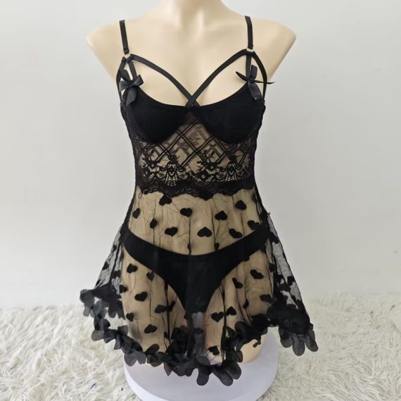 Красный кружевной пеньюар Алый Шёпот Сердец в комплекте с трусиками Размер: L | Зображення 8