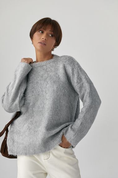 В'язаний светр із пухнастої пряжі - сірий цвет, ONE SIZE (є розміри) | Зображення 4