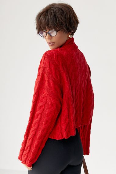 Вільний в'язаний светр з косичками - червоний цвет, ONE SIZE (є розміри) | Зображення 1