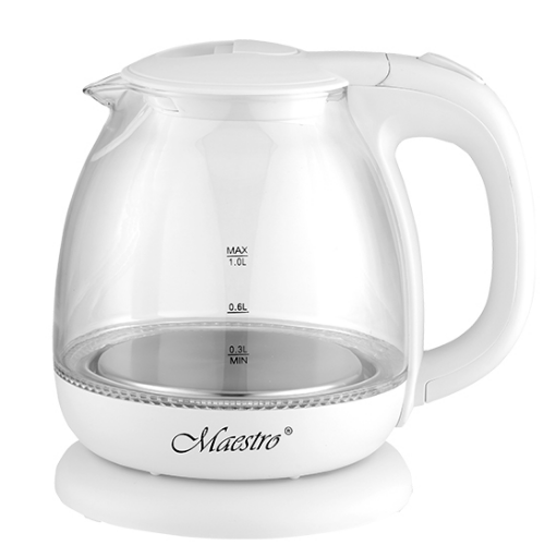 Електрочайник 1,0л 1100W скло (диск) білий MR-055-WHITE Maestro