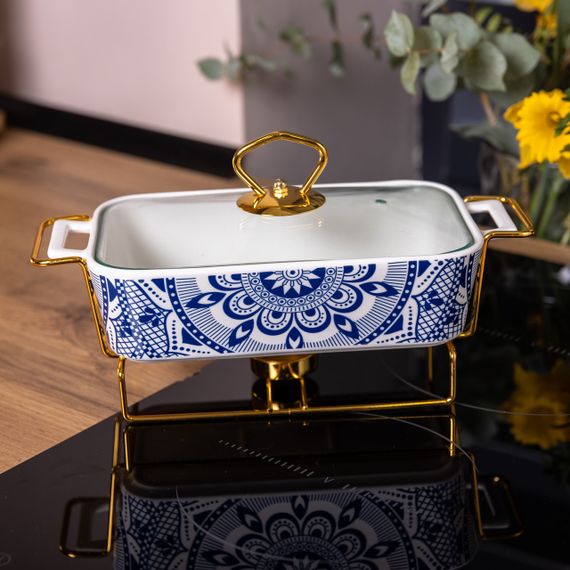 Марміт порцелянаовий із скляною кришкою 38х18.5х15.5 см на металевій підставці 1 л SA1107-S | Зображення 4