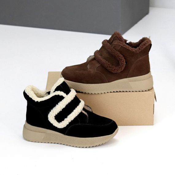 Черные замшевые зимние спортивные ботинки, молния + липучка | Зображення 9