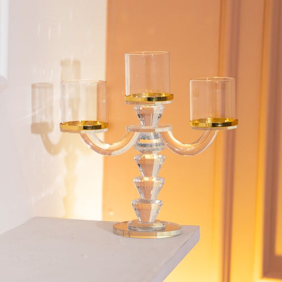 Канделябр на 3 свічки 23×9×23.5 см підсвічник скляний декоративний із золотою окантовкою HP-4-35 | Зображення 3