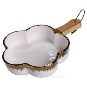 Тарелка фарфоровая глубокая с ручкой Цветок 27×20×5 (см) блюдо сервировочное с ручкой  для подачи тарелка сковорода Золото