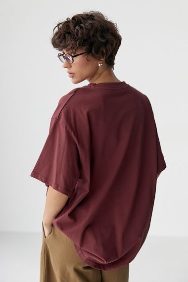 Оверсайз футболка з вишитими написами - бордо цвет, ONE SIZE (є розміри) | Зображення 1