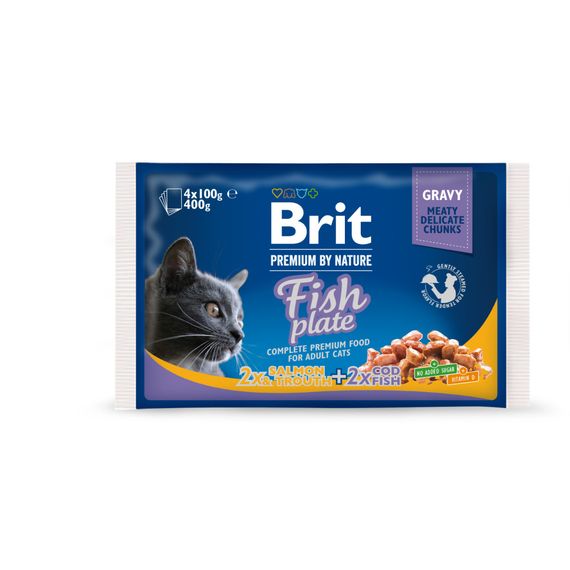 Корм вологий Brit Premium Cat Fish Plate pouches набір паучів для котів рибна тарілка з тріскою, лососем та фореллю 100 г х