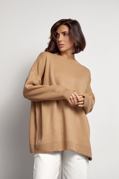 Женский однотонный джемпер oversize кроя - светло-коричневый цвет, L (есть размеры) | Зображення 2