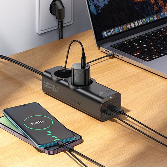 Подовжувач Hoco NS10 Wisdom 2-position PD67W (1USB-A/3C/2Socket) (2m) Black | Зображення 3