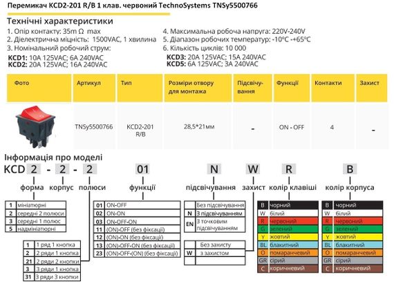 Перемикач KCD2-201 R/B 1 червона клавіша Ny95500766 | Зображення 1