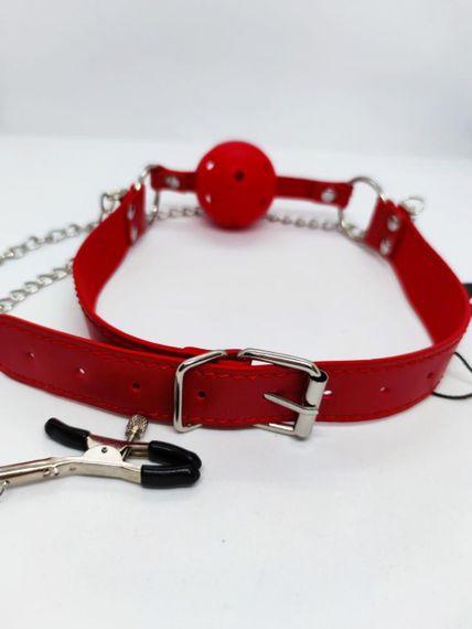 Кляп DS Fetish Ball gag with nipple clamps red Sex Aura | Зображення 2