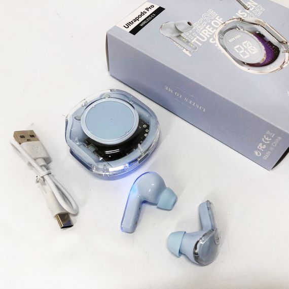 Бездротові навушники TWS T8 PRO з прозорим кейсом Вакуумний LED дисплей Bluetooth 5.3. OR-359 Колір: блакитний | Зображення 1