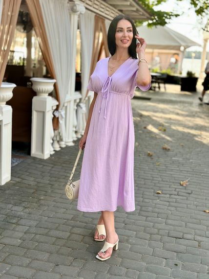 Жіноча довга літня сукня з мусліну легка із завищеною талією розмір 46/48 колір бузковий GF58774 | Зображення 6