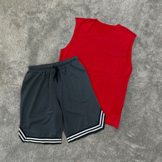 Мужской летний костюм майка и шорты BD0037 цвет красный + серый, размер M | Зображення 1