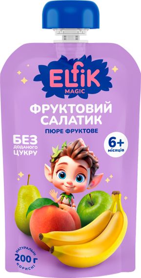 Детское пюре Фруктовый салатик из яблок, груши, персика и банана Elfik Magic 200 г х 12 шт