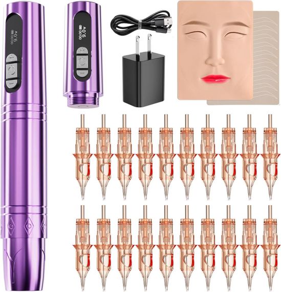 PMU тату машинка бездротова роторна, набір для мікроблейдингу татуажу з обличчям для тренування, 20 картриджів для брів повік губ