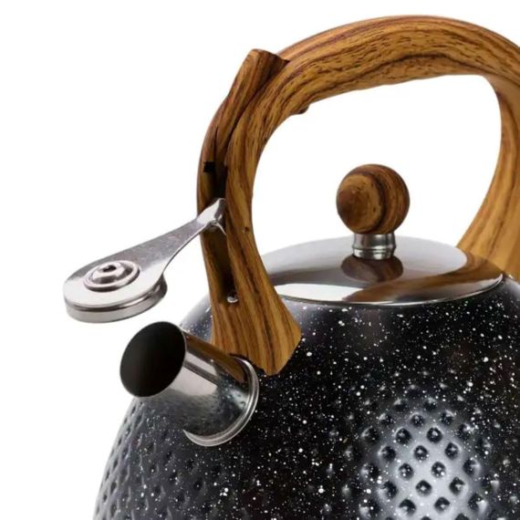 Чайник зі свистком 3 л з дерев'яною ручкою чорний товсте дно | Зображення 3