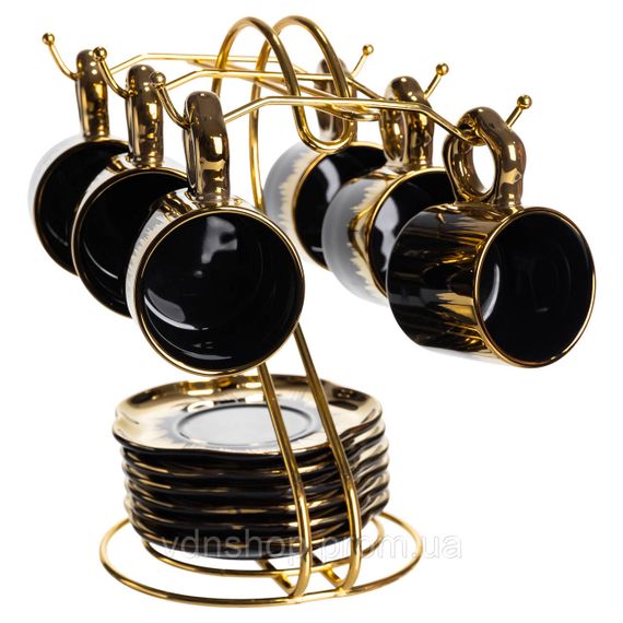 Набор чашек для кофе на металлической подставке 6 (шт) по 100 (мл) Черный с золотом FM-47 | Зображення 2