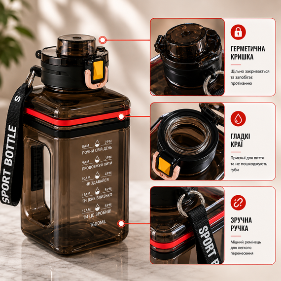 Спортивная Бутылка 2200 мл (Gallon) из черного прозрачного и безопасного пластика (BPA Free) | Зображення 9