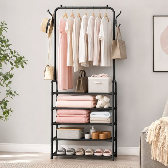 Вішалка для одягу з полицями для взуття Clothes Rack Up / Металева підлогова стійка 170×60×26 см | Зображення 3