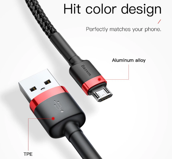 Двосторонній реверсивний microUSB кабель Baseus Cafule Cable 2m - Black/Red | Зображення 2