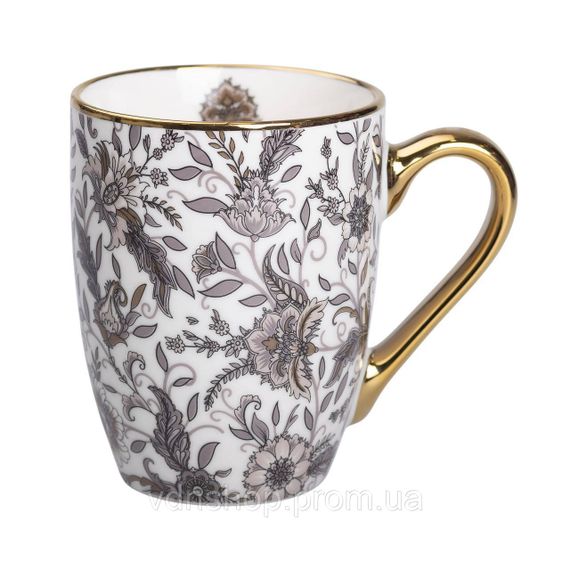 Фарфоровая чашка 400 мл с золотым ободком и золотой ручкой Серая RX-N240665G