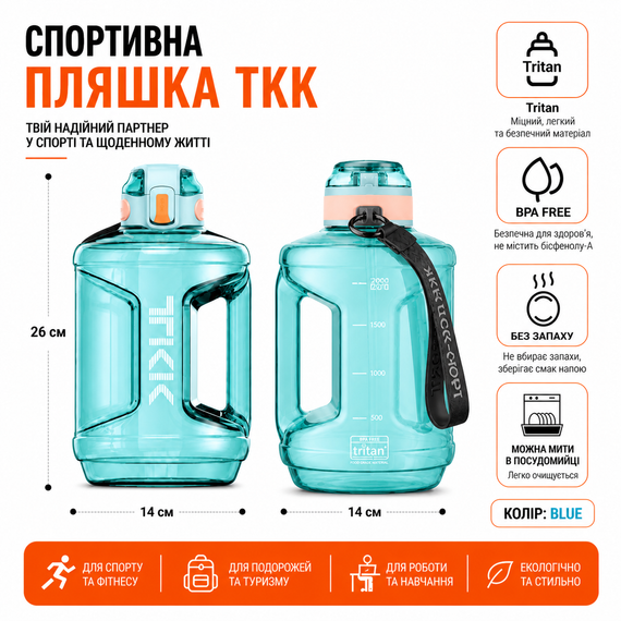Спортивная бутылка TKK 2300 мл (2.3 л) - Бирюзовая Tritan BPA-free, ударопрочная эко-бутылка с ручкой и клапаном | Зображення 4
