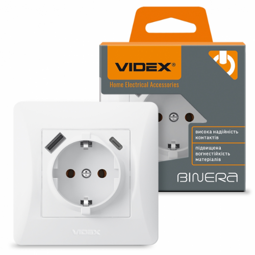 BINERA білий Розетка внутрішня +USB+Type-C із заземленням Videx | Зображення 2
